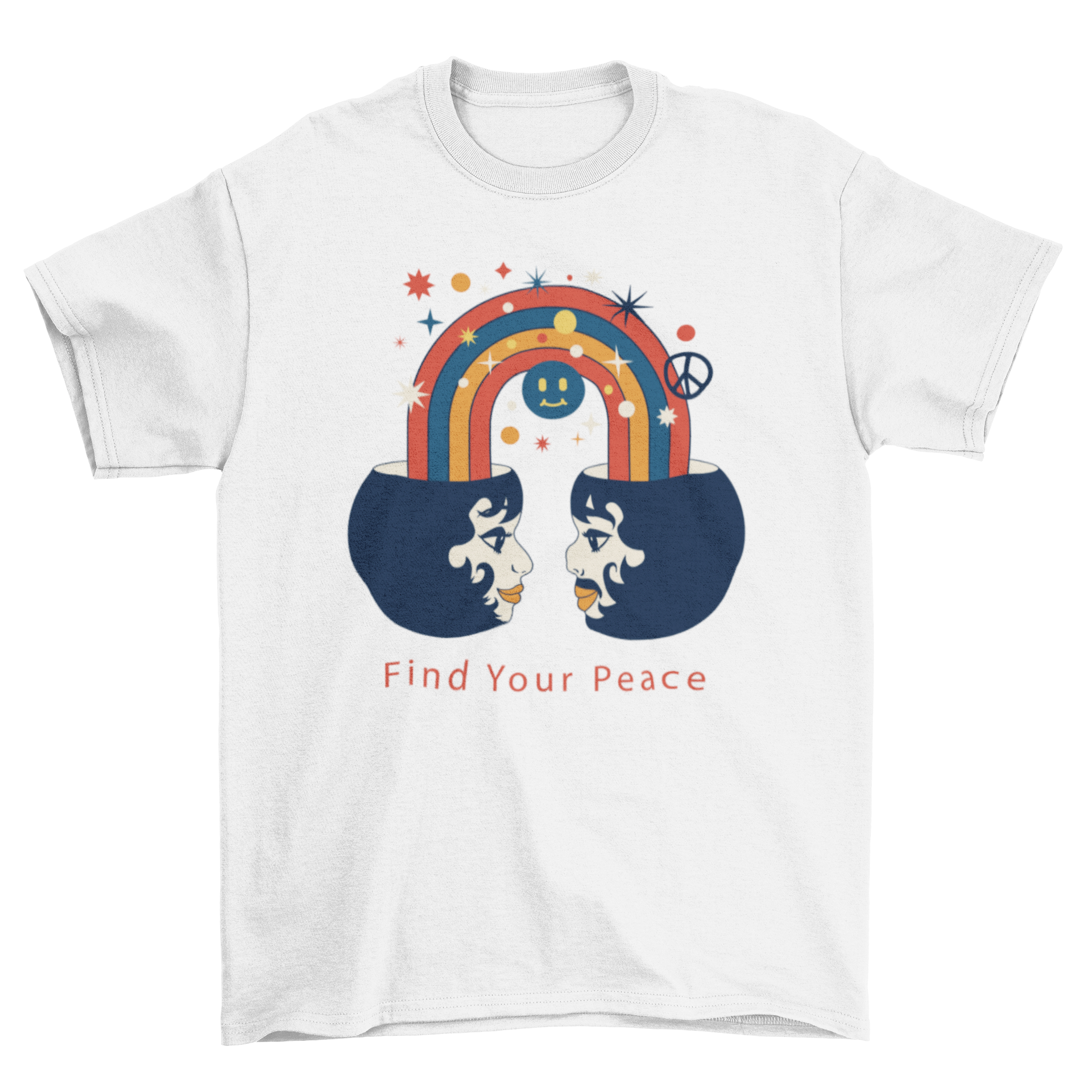 Peace Day Rainbow T-shirt featuring two people connected by a rainbow with the caption 'Find your peace'.