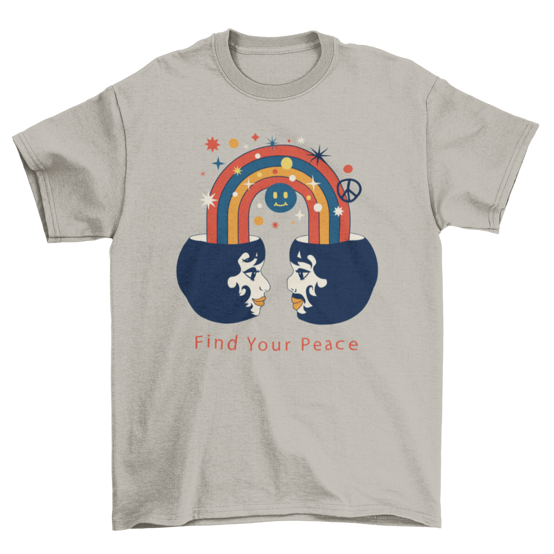 Peace Day Rainbow T-shirt featuring two people connected by a rainbow with the caption 'Find your peace'.