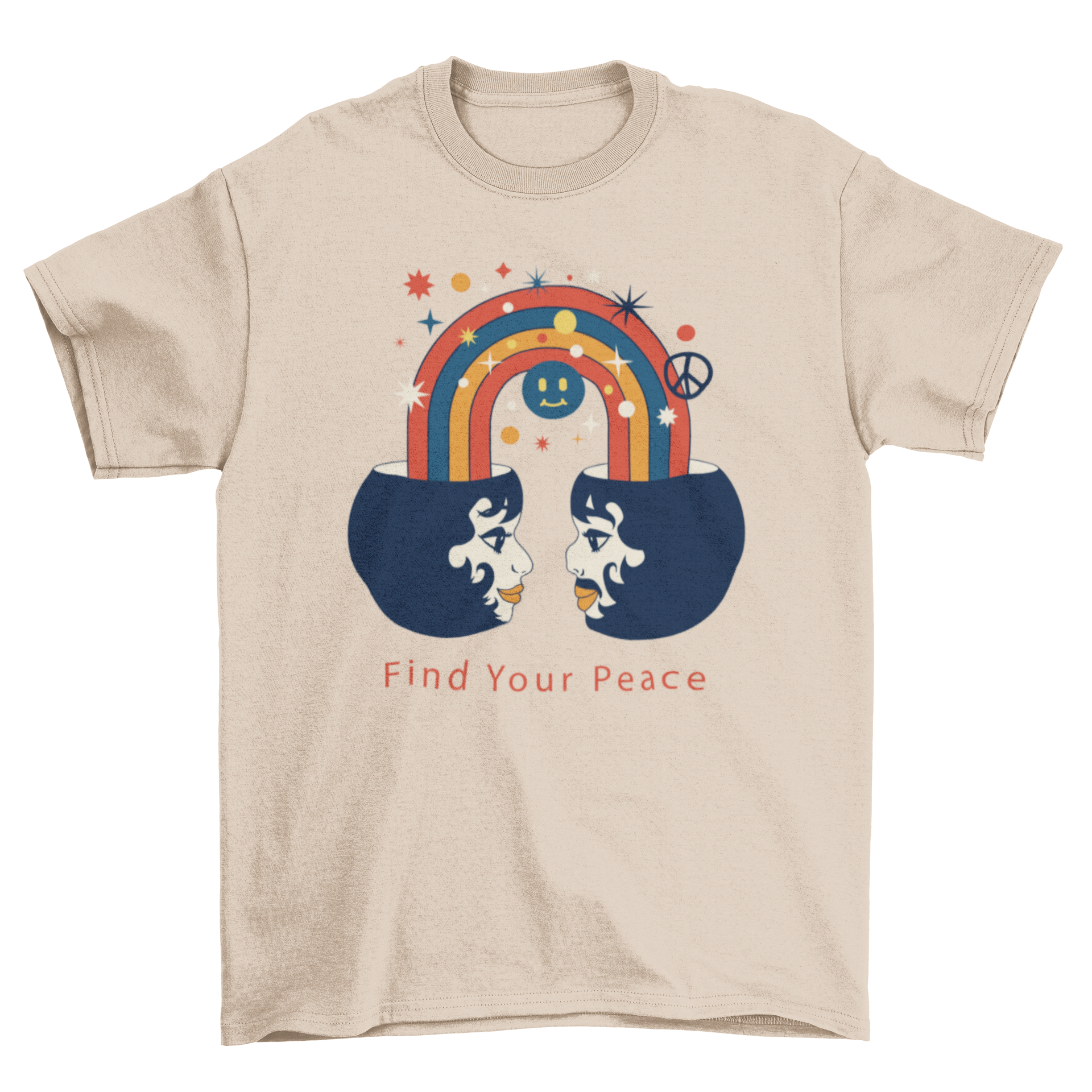 Peace Day Rainbow T-shirt featuring two people connected by a rainbow with the caption 'Find your peace'.