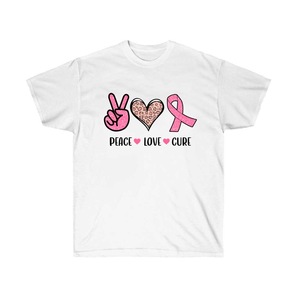 Peace Love Cure Pink Ribbon T-Shirt made of soft cotton, featuring a pink ribbon design for breast cancer awareness.