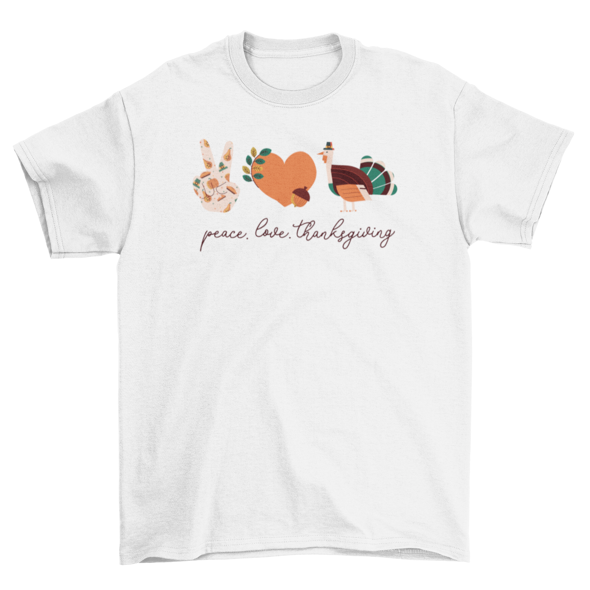 A stylish t-shirt featuring the quote 'Peace. Love. Thanksgiving' in a festive design, perfect for holiday celebrations.