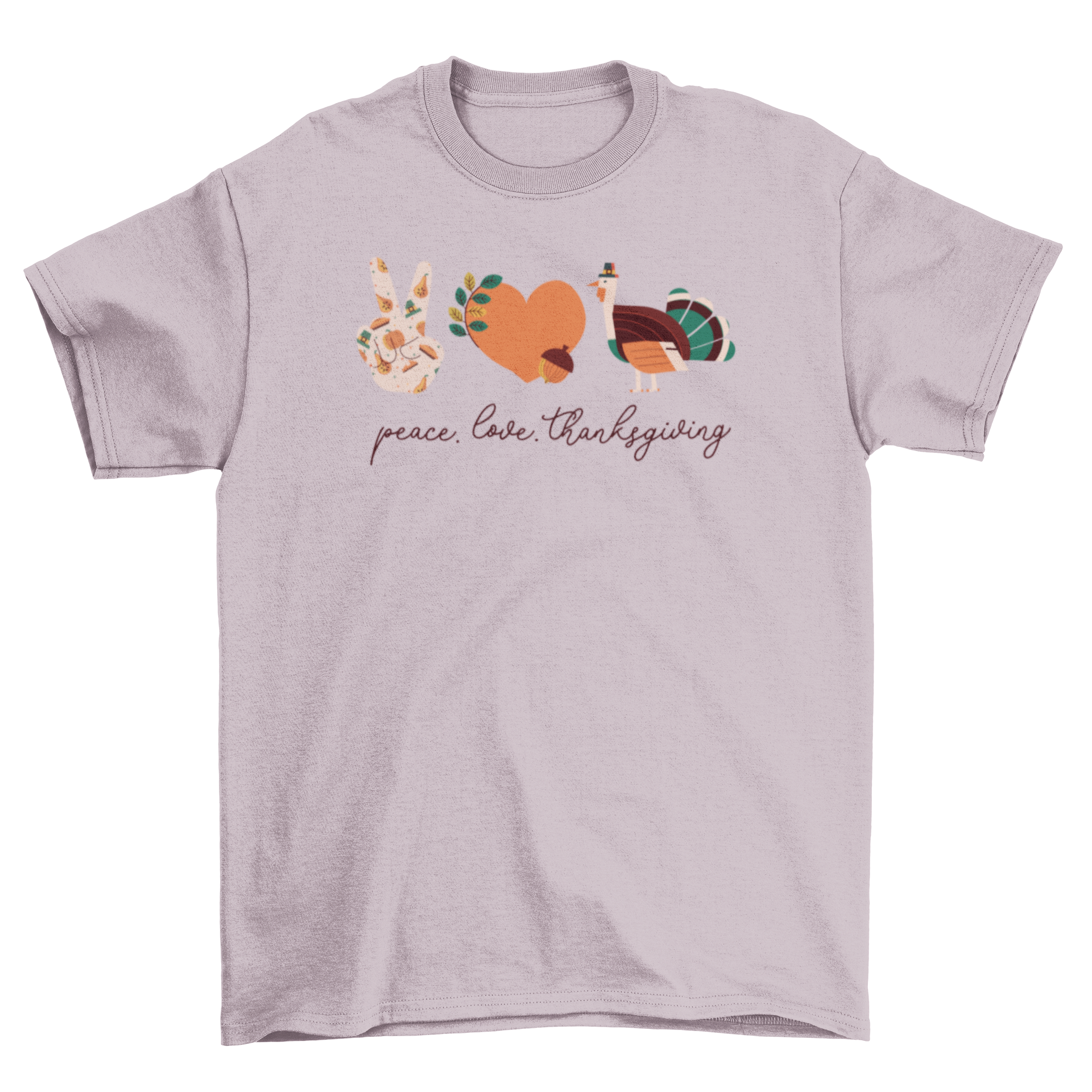 A stylish t-shirt featuring the quote 'Peace. Love. Thanksgiving' in a festive design, perfect for holiday celebrations.