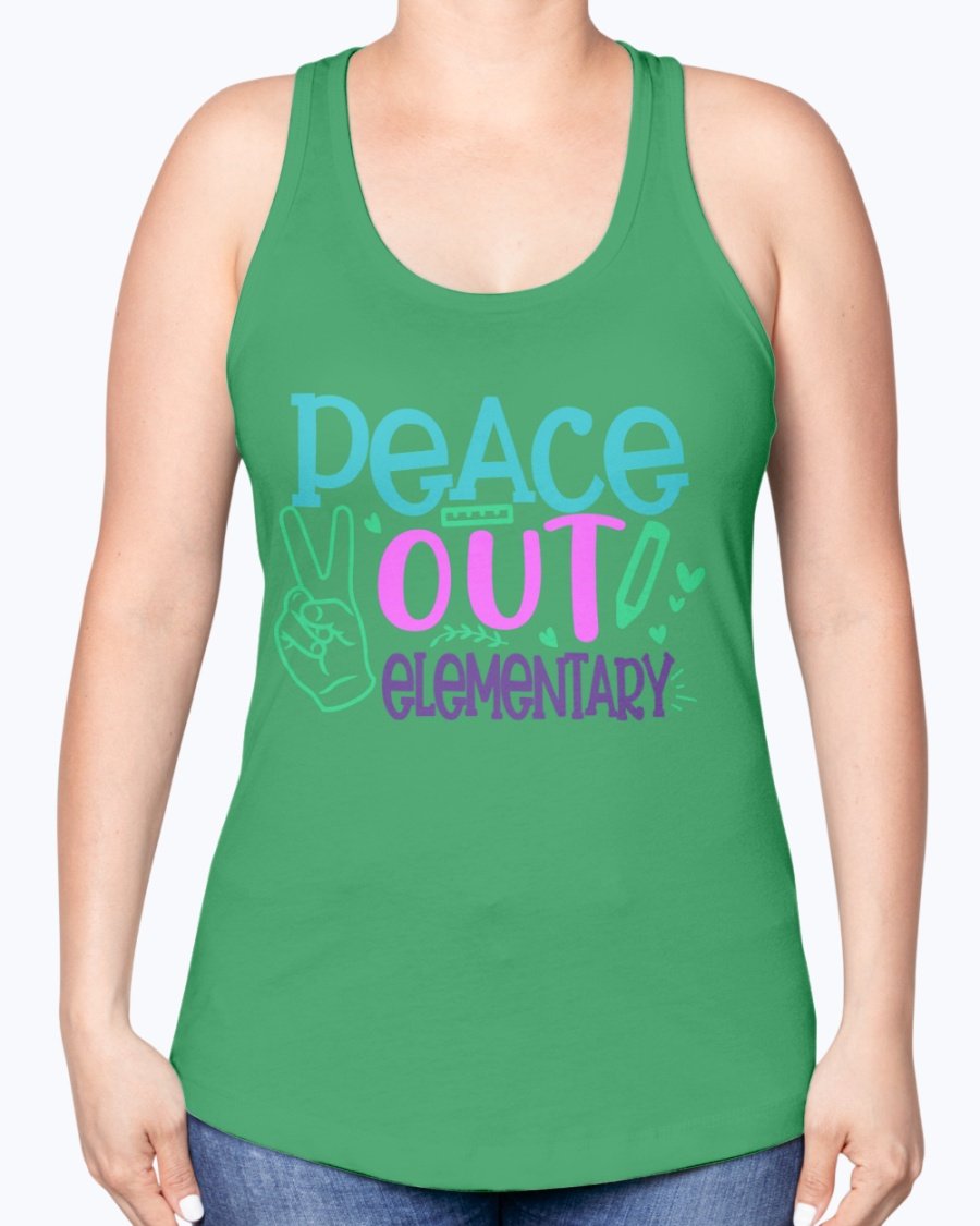 Peace Out Elementary Racerback Tank in a stylish design, featuring a soft cotton blend fabric and a comfortable fit, perfect for school and casual wear.