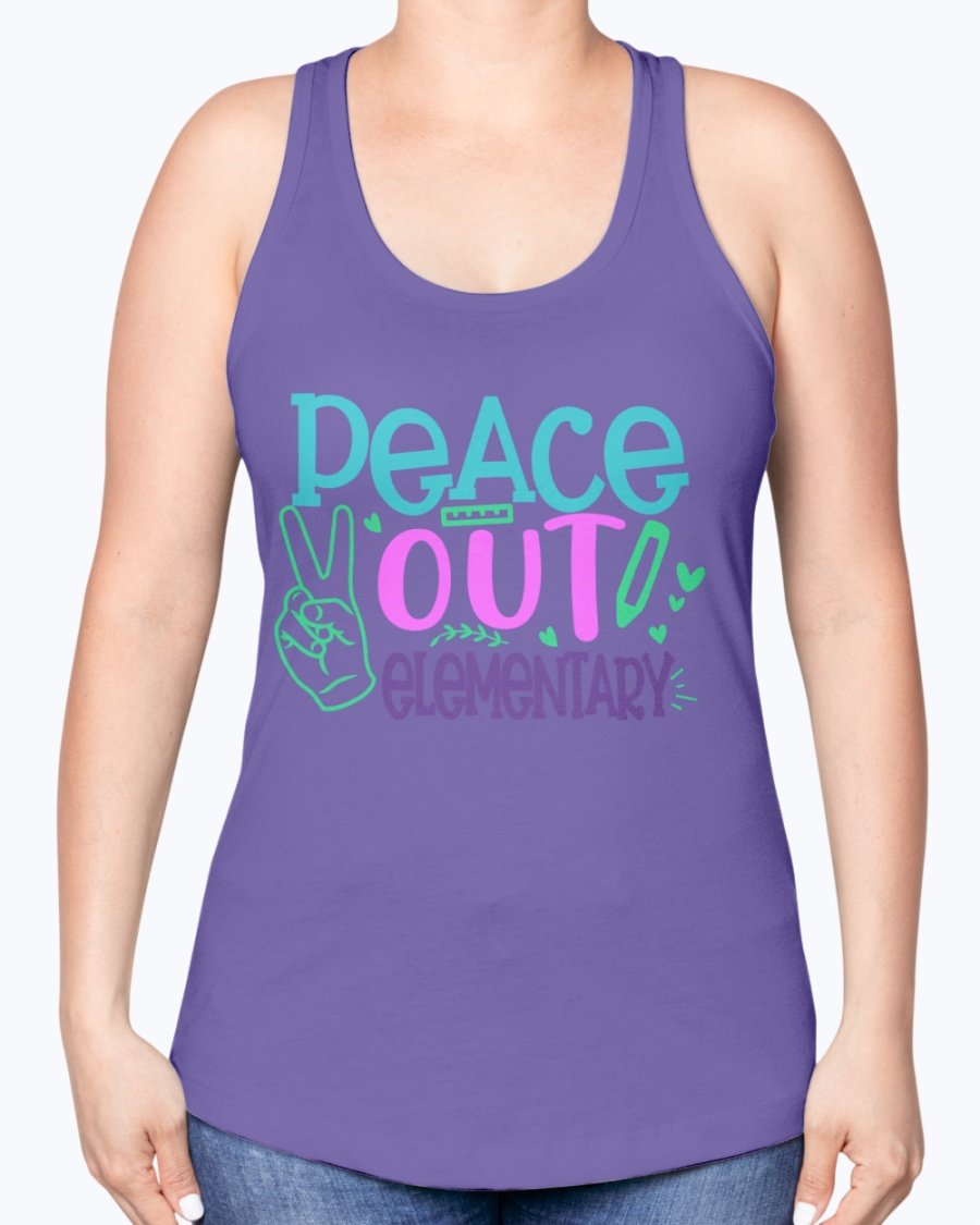 Peace Out Elementary Racerback Tank in a stylish design, featuring a soft cotton blend fabric and a comfortable fit, perfect for school and casual wear.