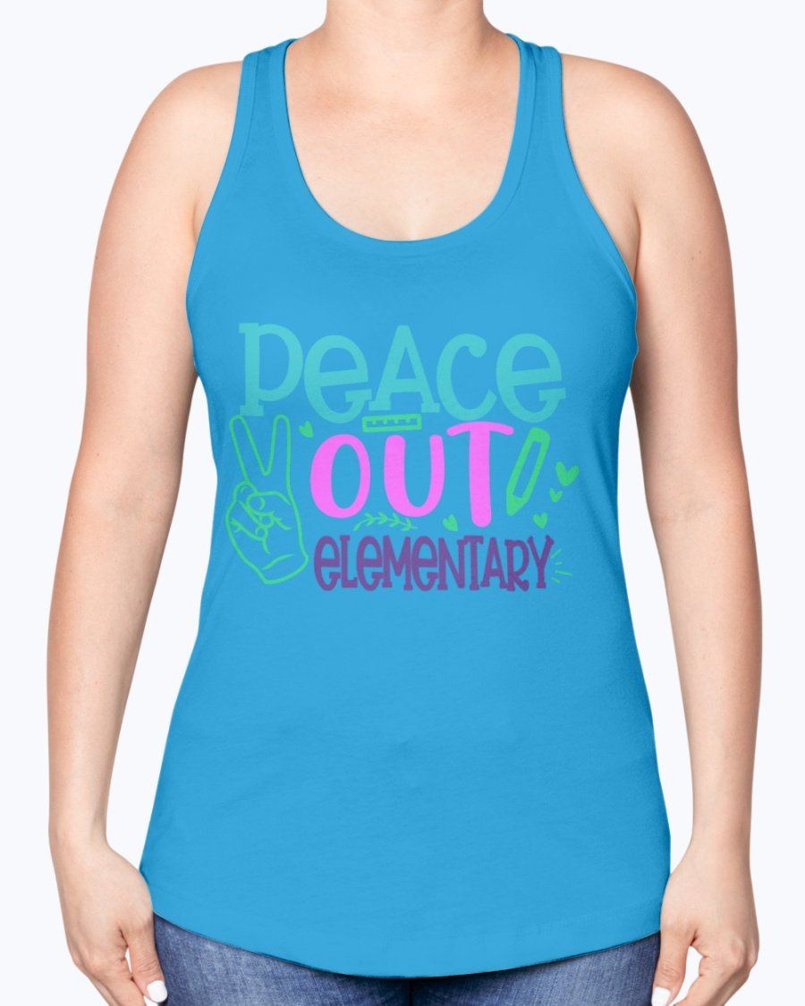 Peace Out Elementary Racerback Tank in a stylish design, featuring a soft cotton blend fabric and a comfortable fit, perfect for school and casual wear.