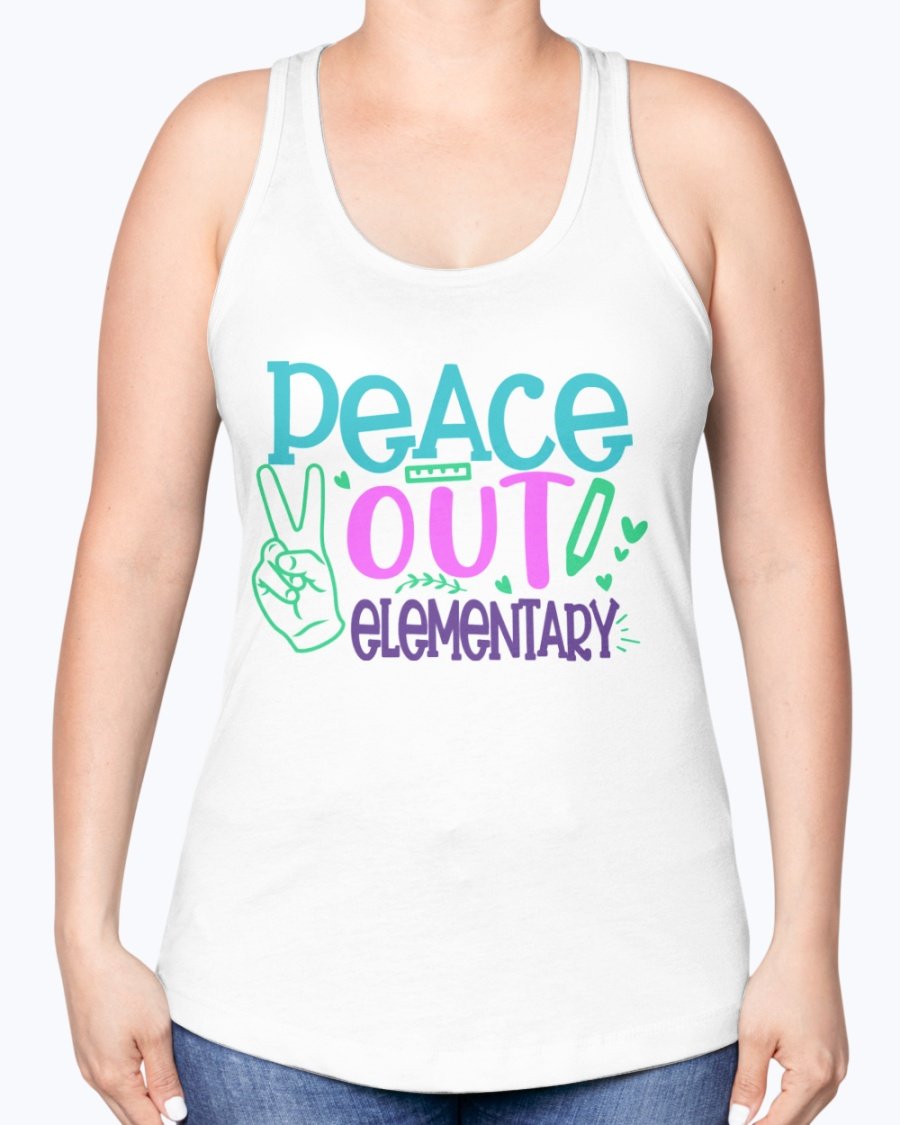 Peace Out Elementary Racerback Tank in a stylish design, featuring a soft cotton blend fabric and a comfortable fit, perfect for school and casual wear.