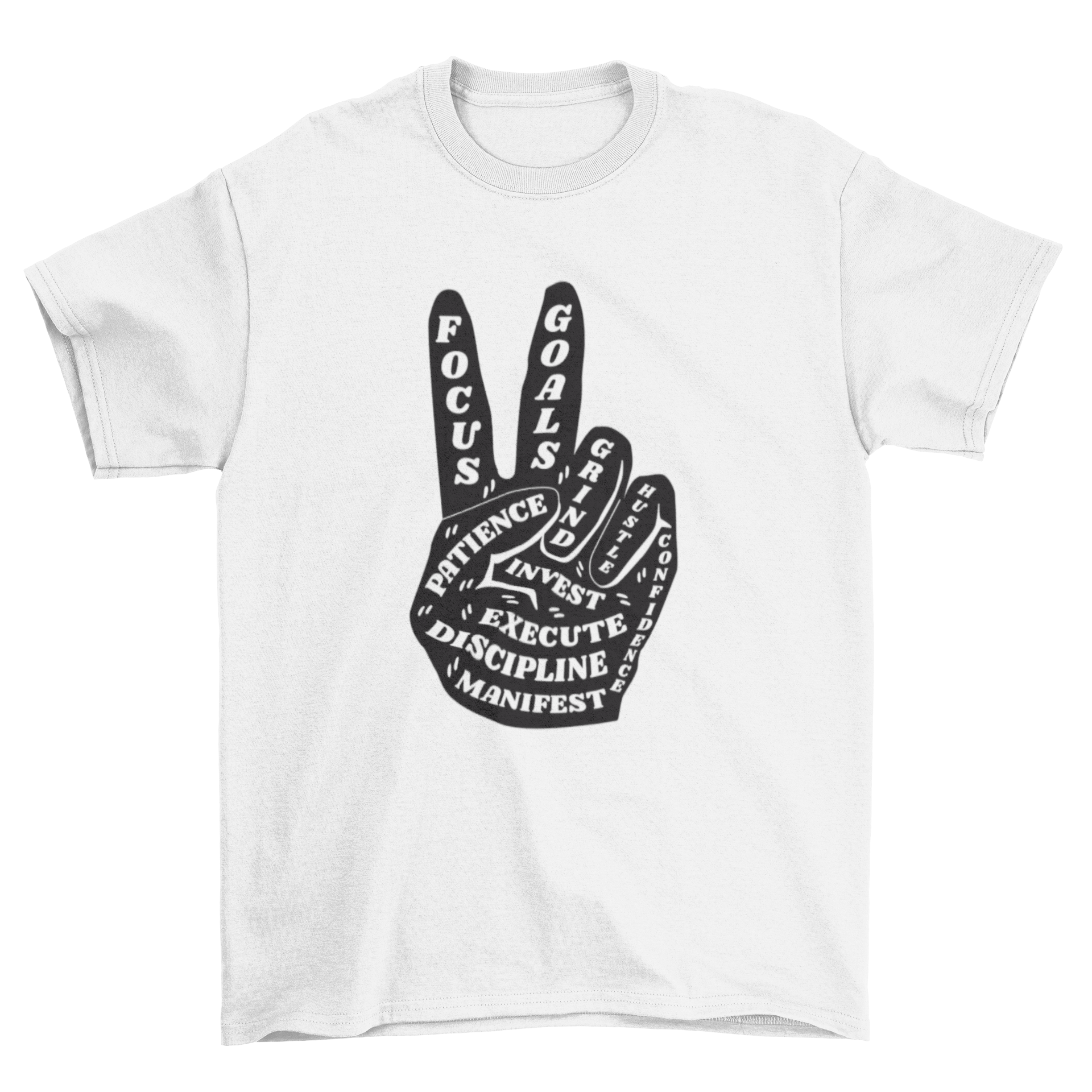 A stylish t-shirt featuring a hand making a peace sign with inspirational words in cut-out style.