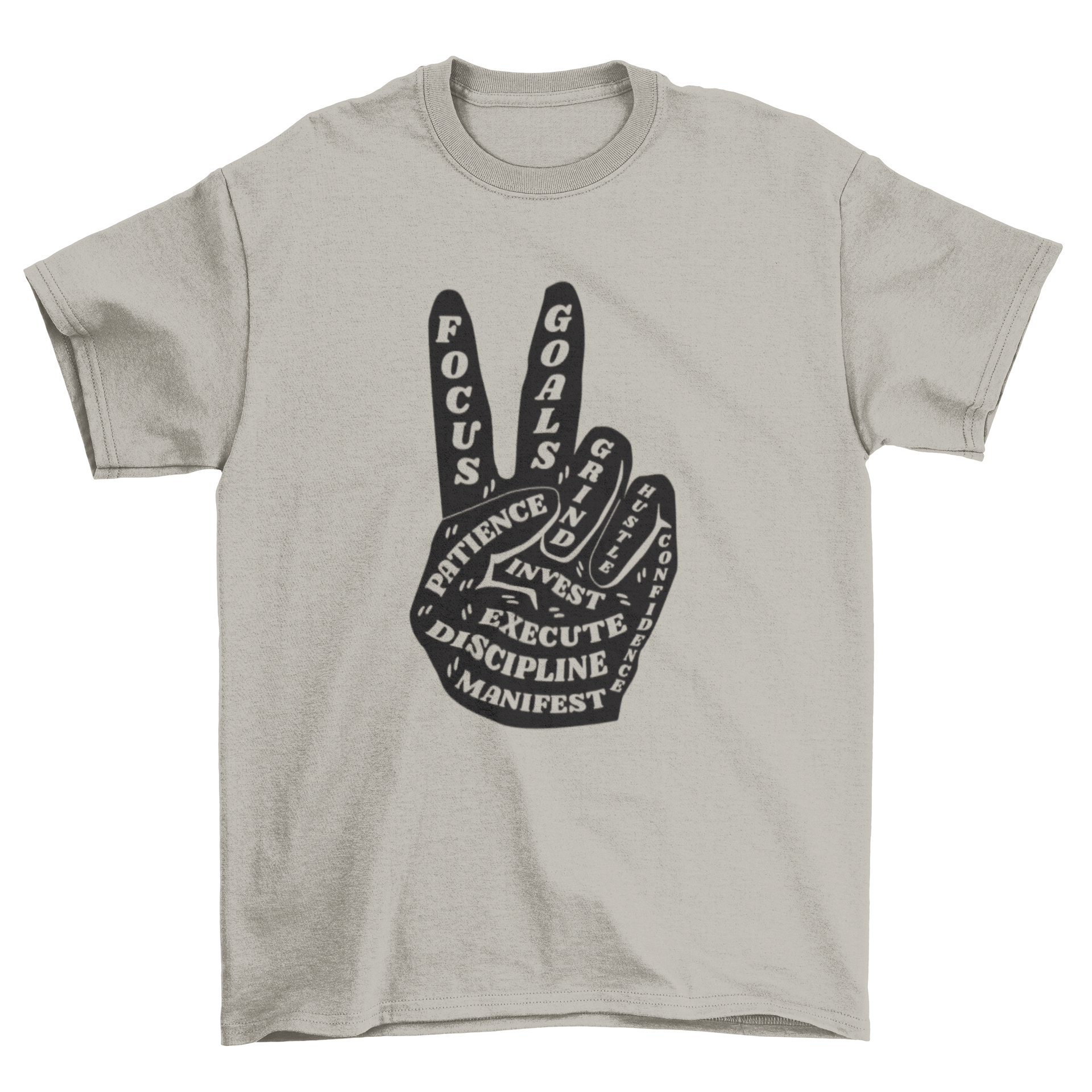 A stylish t-shirt featuring a hand making a peace sign with inspirational words in cut-out style.