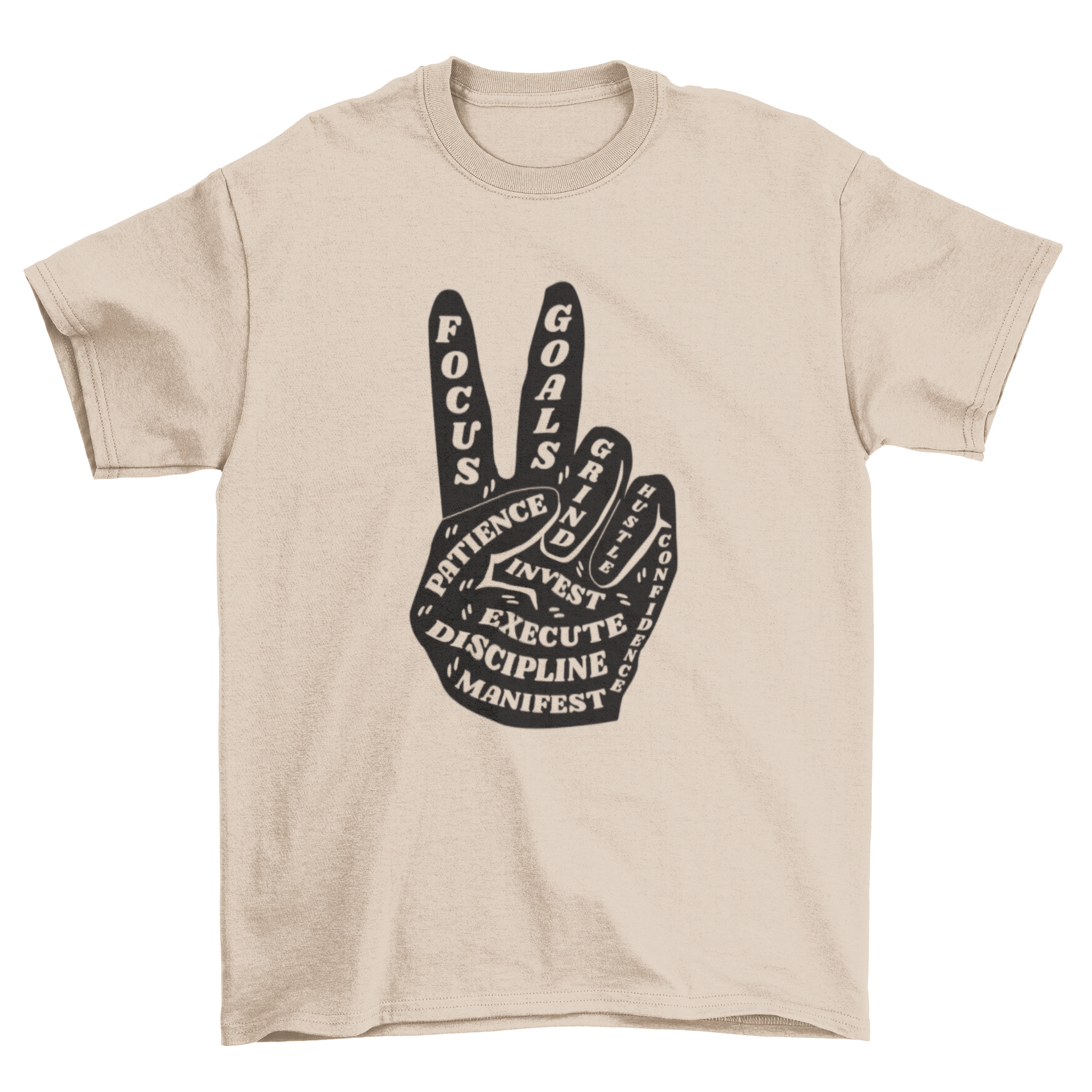 A stylish t-shirt featuring a hand making a peace sign with inspirational words in cut-out style.