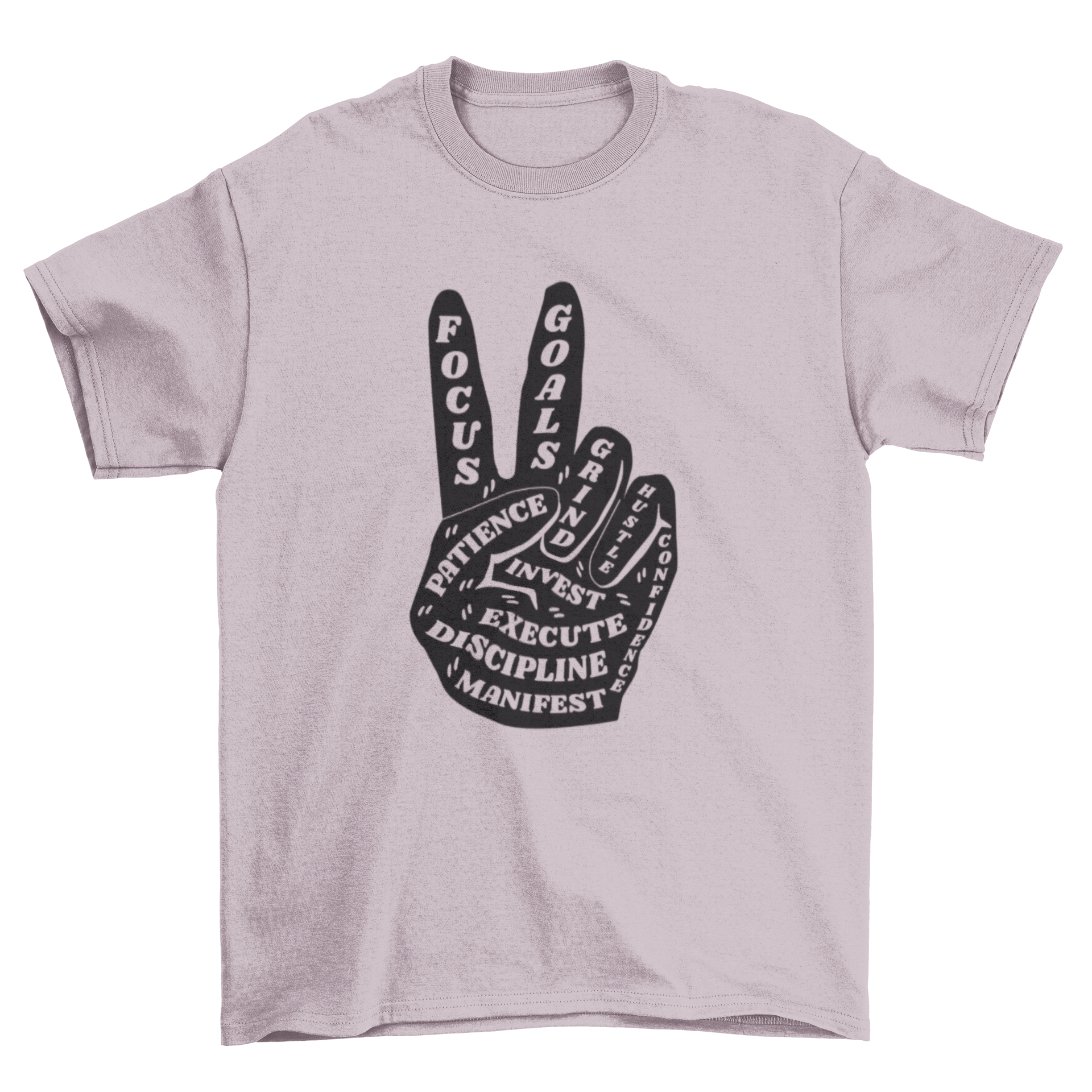 A stylish t-shirt featuring a hand making a peace sign with inspirational words in cut-out style.