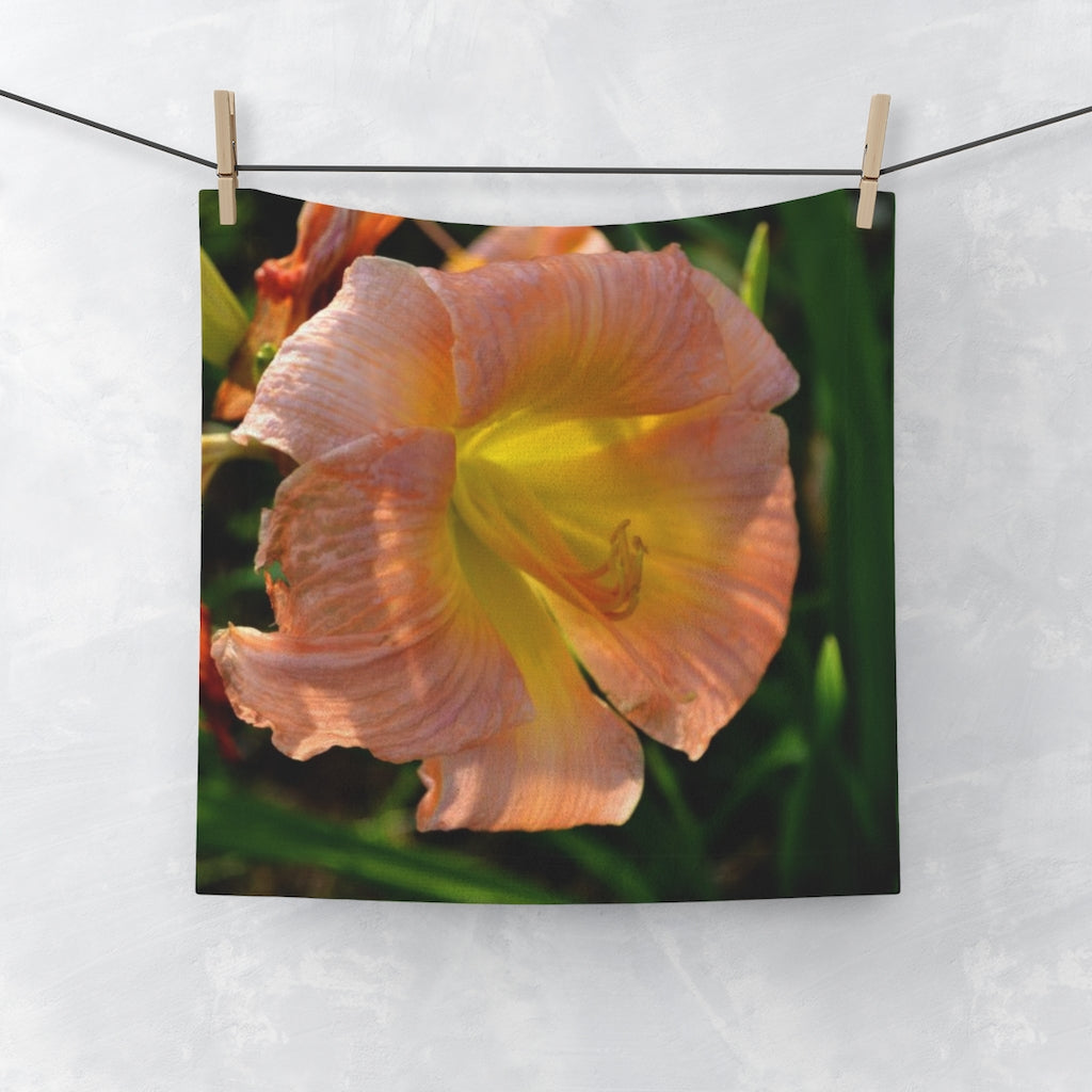 Peach and yellow flower face towel featuring a soft polyester front and absorbent cotton back, ideal for customization.