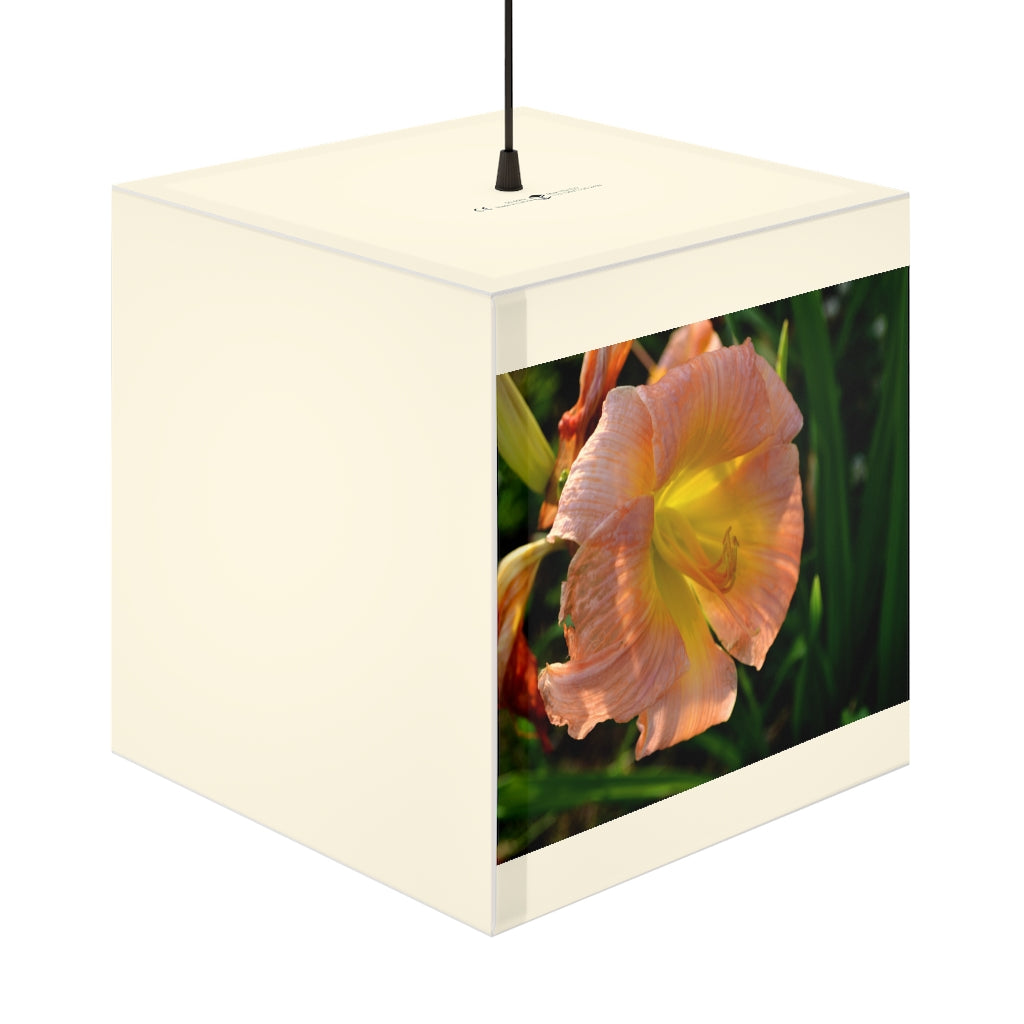 A stylish Peach and Yellow Flower Personalized Lamp in a cube shape, showcasing vibrant floral designs, perfect for home decor.