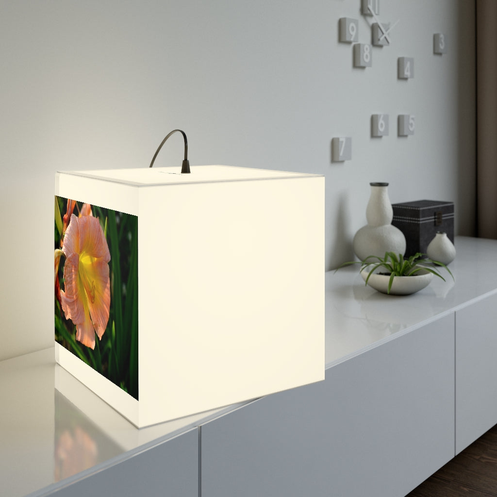 A stylish Peach and Yellow Flower Personalized Lamp in a cube shape, showcasing vibrant floral designs, perfect for home decor.