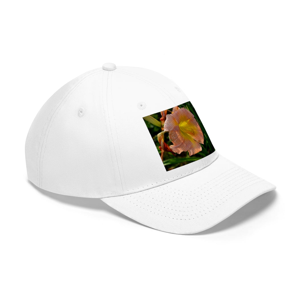 Peach and yellow flower unisex twill hat with adjustable Velcro closure and classic 6-panel design.