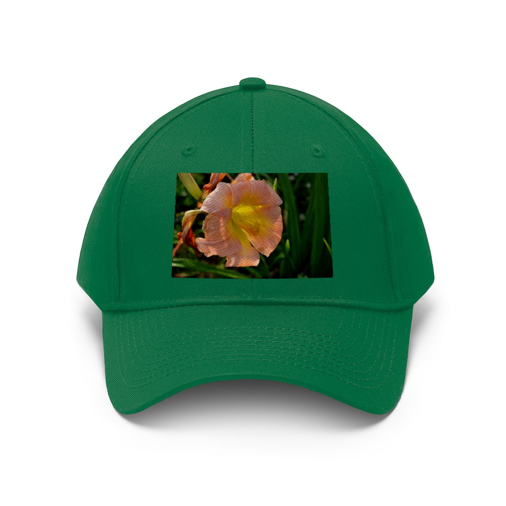 Peach and yellow flower unisex twill hat with adjustable Velcro closure and classic 6-panel design.