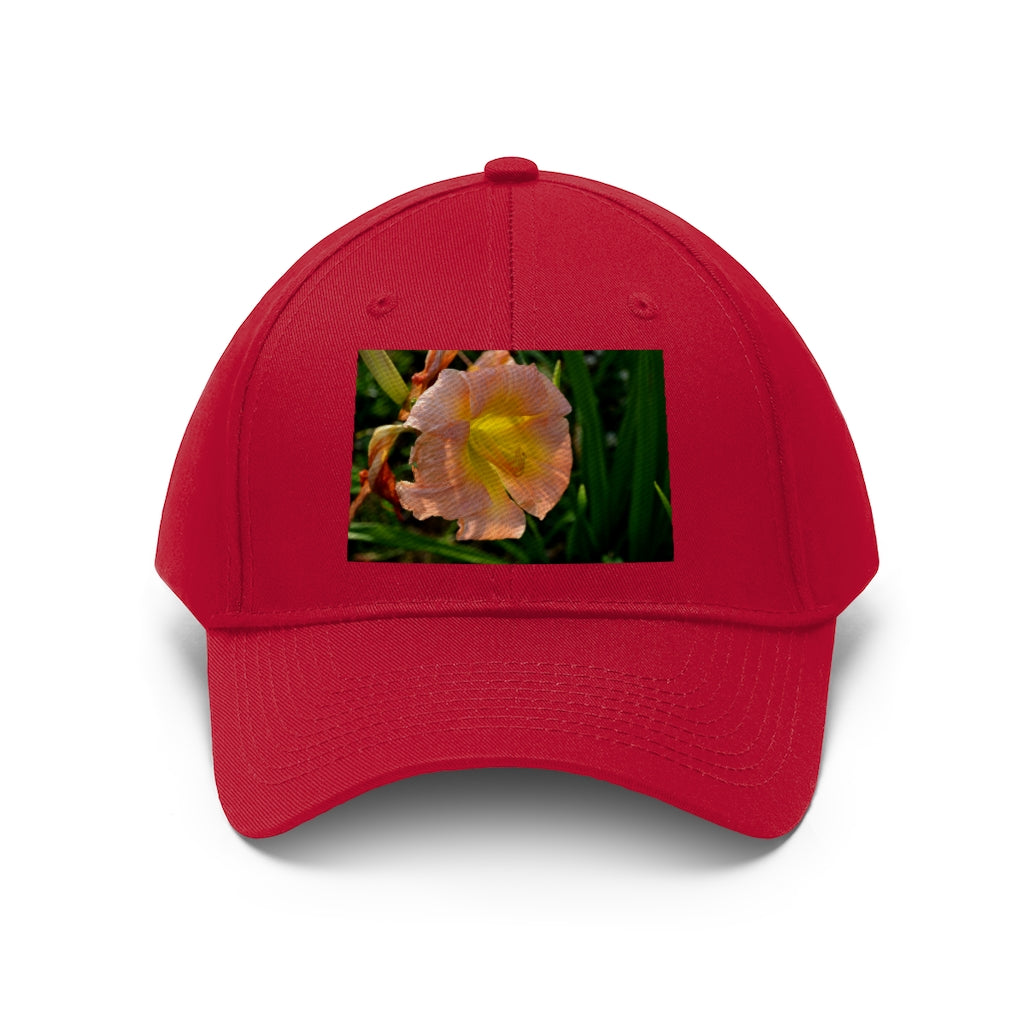 Peach and yellow flower unisex twill hat with adjustable Velcro closure and classic 6-panel design.