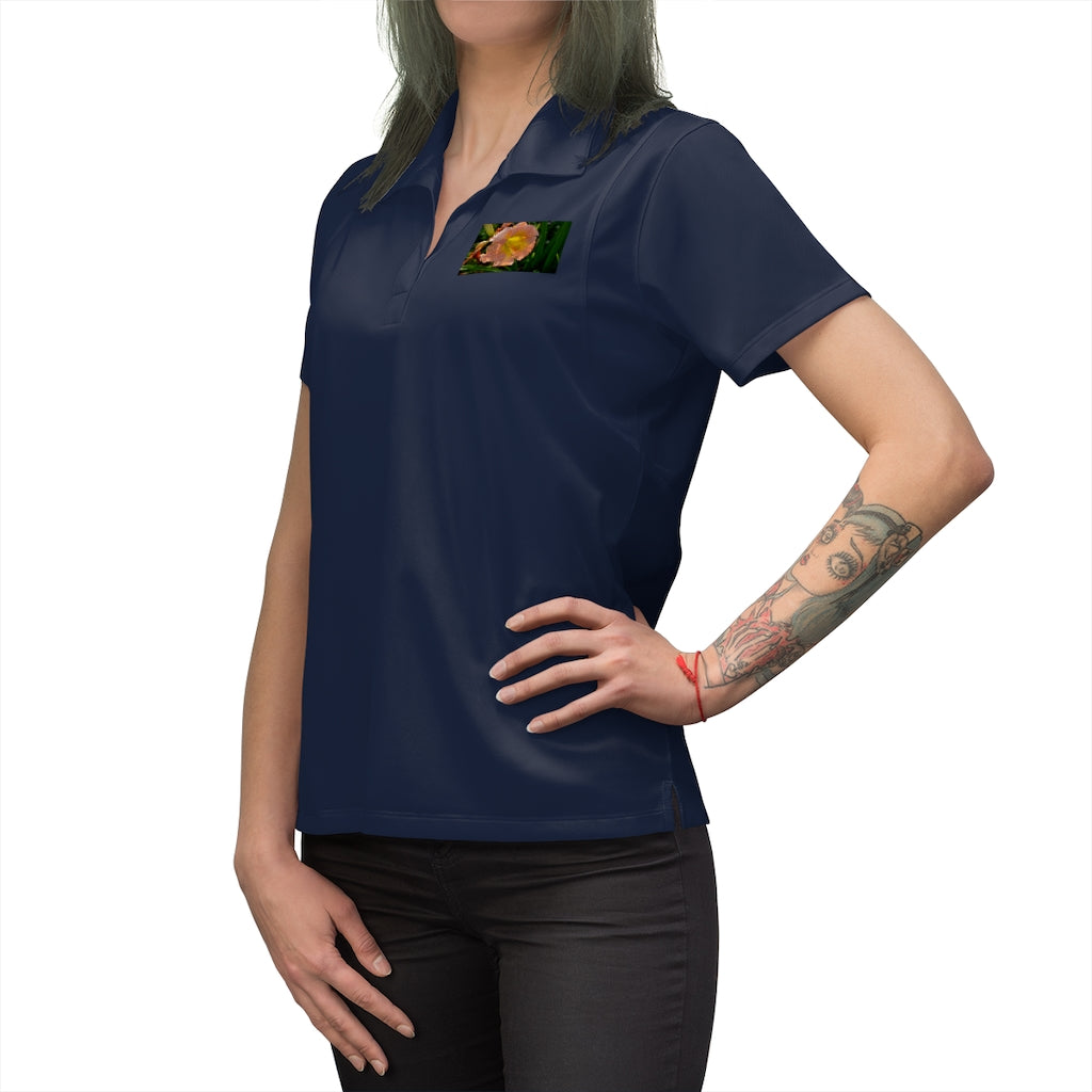 A stylish Peach and Yellow Flower Women's Polo Shirt featuring a lightweight design and tapered neck, perfect for various occasions.