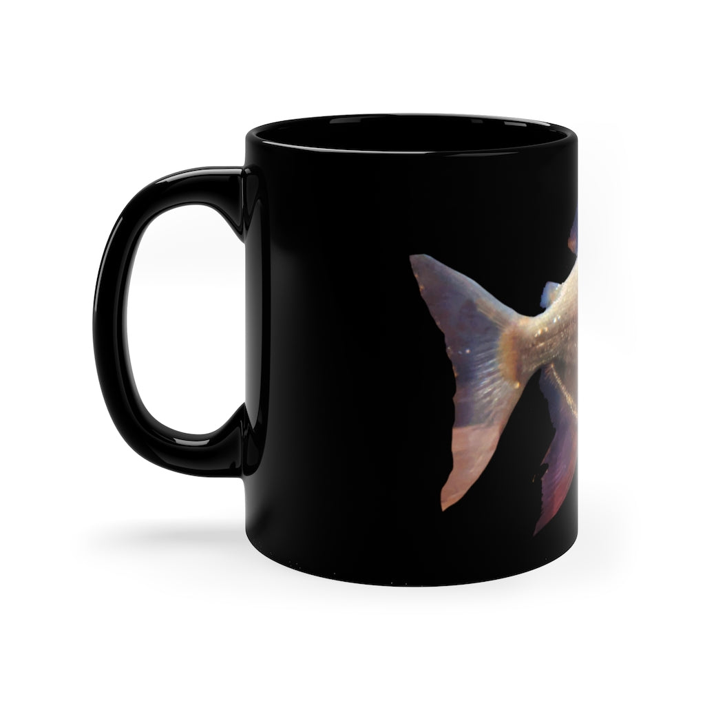 Peach Fish 11oz black ceramic mug with customizable design options, perfect for coffee, tea, or hot chocolate.