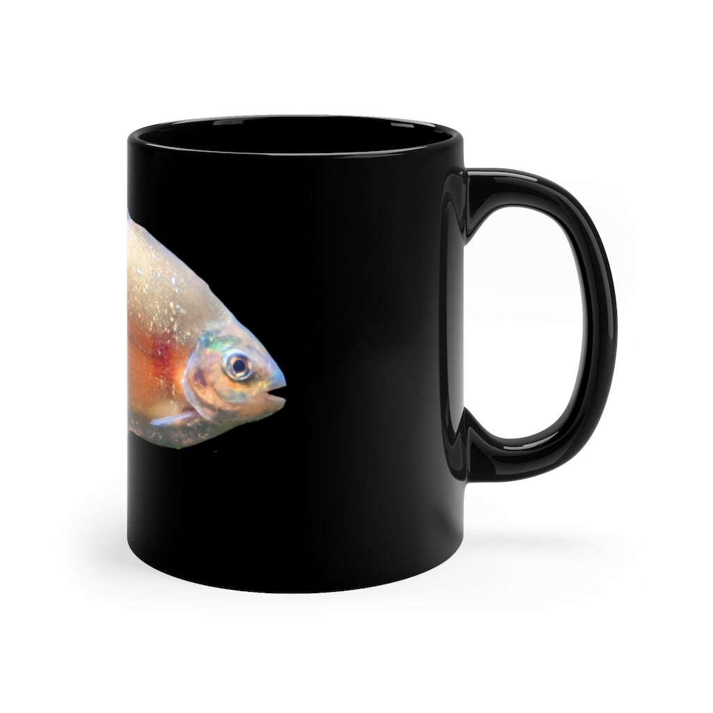 Peach Fish 11oz black ceramic mug with customizable design options, perfect for coffee, tea, or hot chocolate.