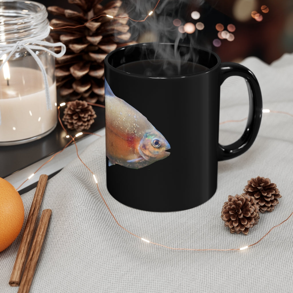 Peach Fish 11oz black ceramic mug with customizable design options, perfect for coffee, tea, or hot chocolate.