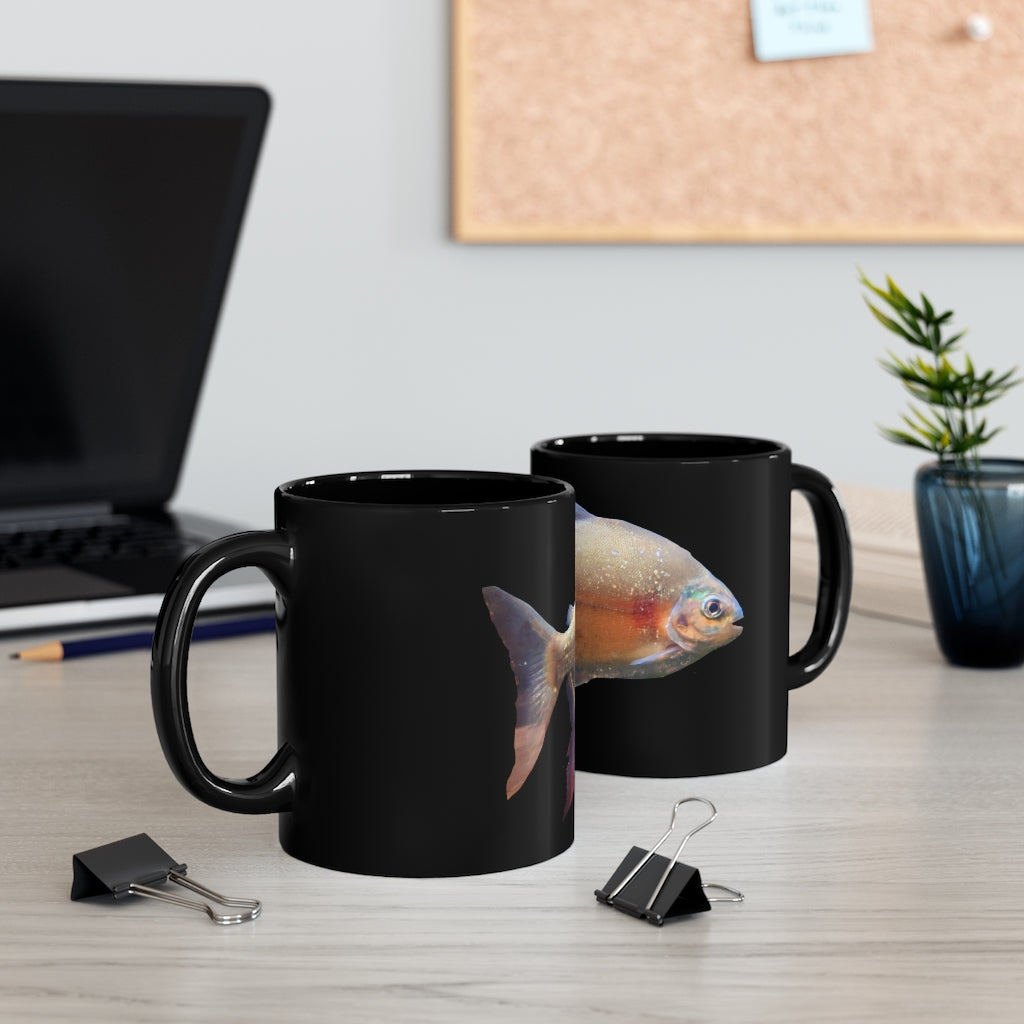 Peach Fish 11oz black ceramic mug with customizable design options, perfect for coffee, tea, or hot chocolate.