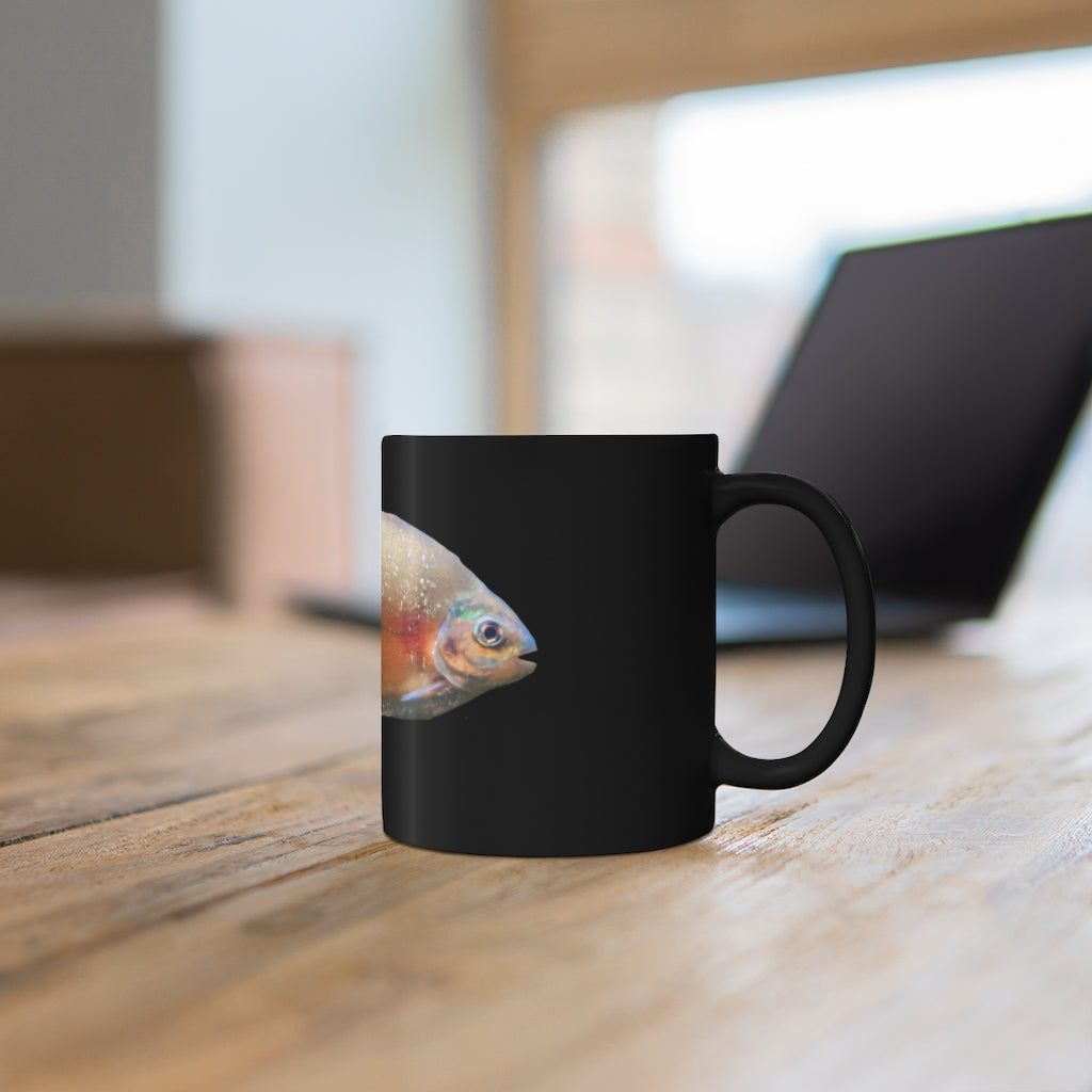 Peach Fish 11oz black ceramic mug with customizable design options, perfect for coffee, tea, or hot chocolate.