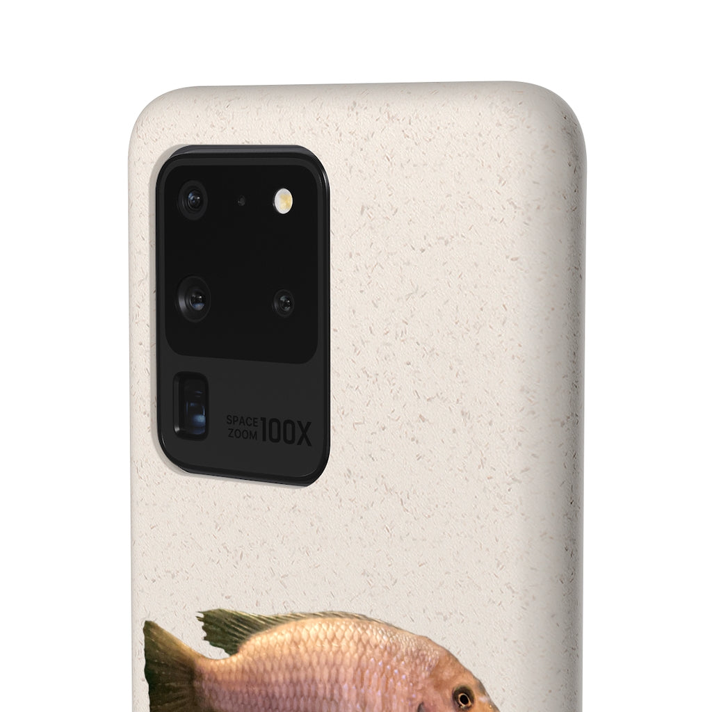 Peach Fish Biodegradable Phone Case made from plant-based materials, featuring a slim design and precise cutouts for connectivity.