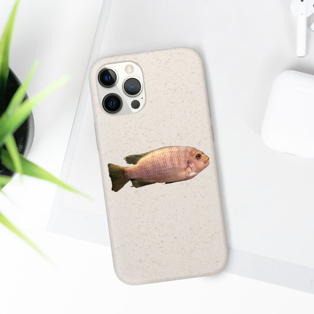 Peach Fish Biodegradable Phone Case made from plant-based materials, featuring a slim design and precise cutouts for connectivity.