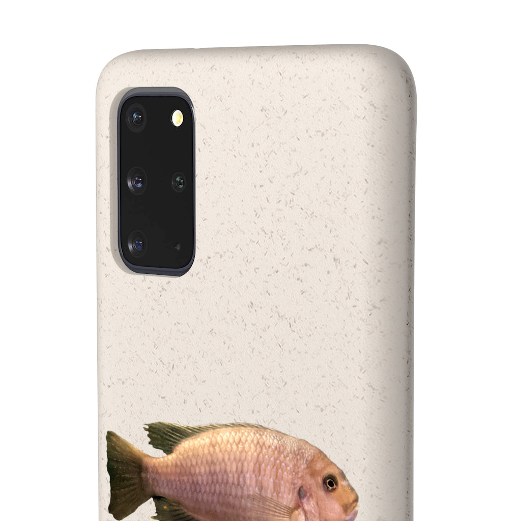 Peach Fish Biodegradable Phone Case made from plant-based materials, featuring a slim design and precise cutouts for connectivity.