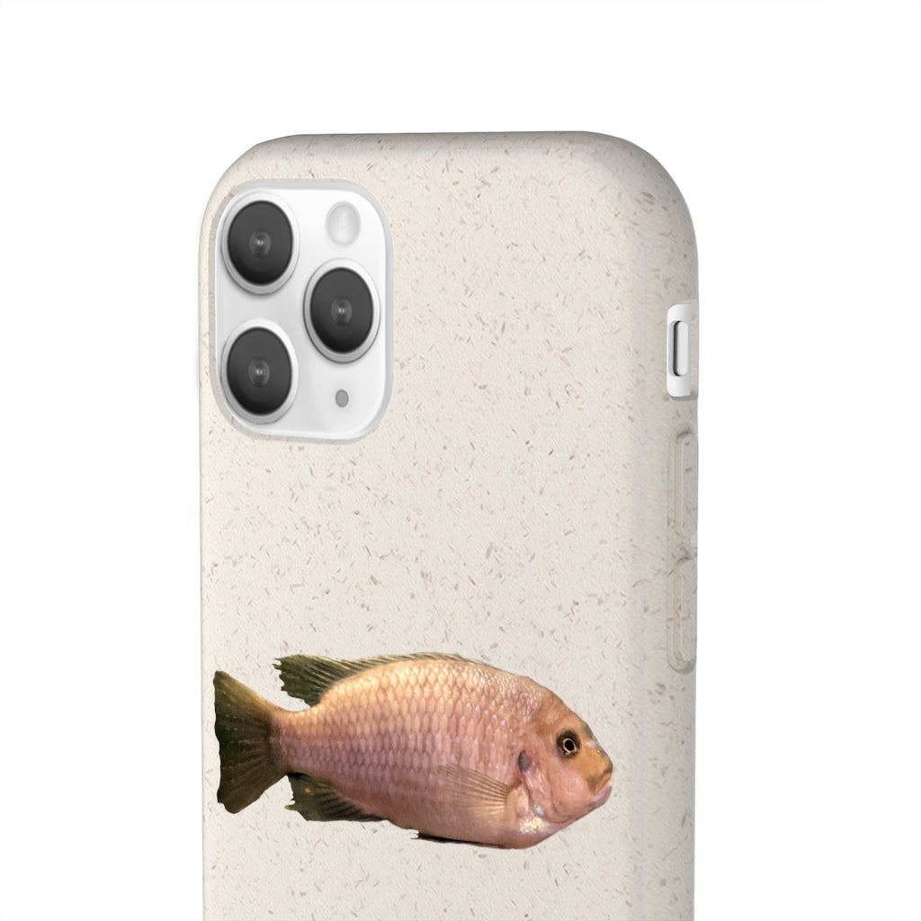 Peach Fish Biodegradable Phone Case made from plant-based materials, featuring a slim design and precise cutouts for connectivity.