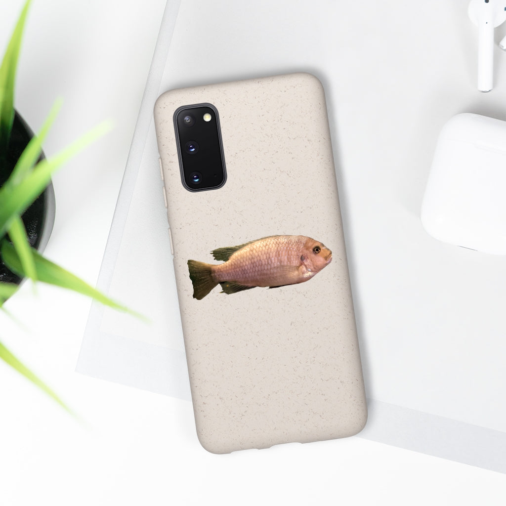 Peach Fish Biodegradable Phone Case made from plant-based materials, featuring a slim design and precise cutouts for connectivity.