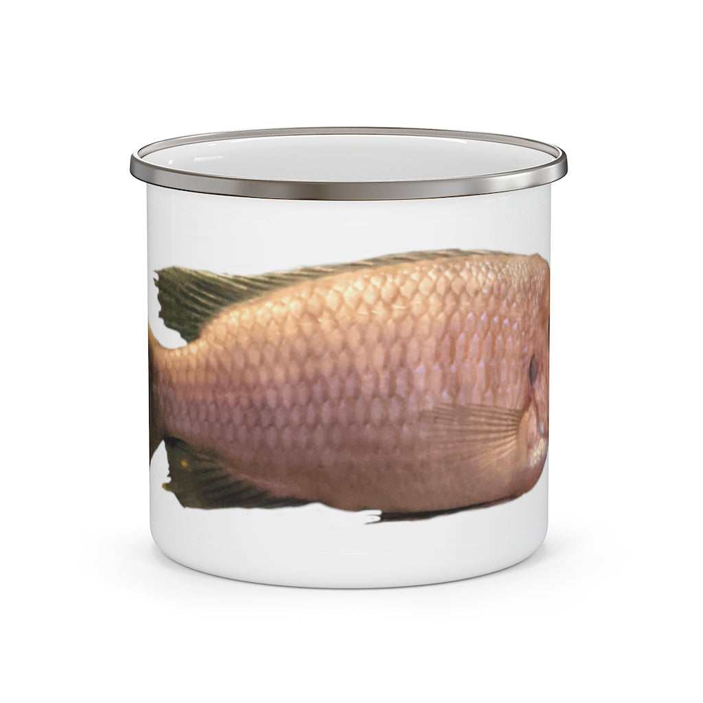 Peach Fish Enamel Camping Mug with a stylish design, featuring a C-handle and rounded corners, perfect for outdoor adventures.