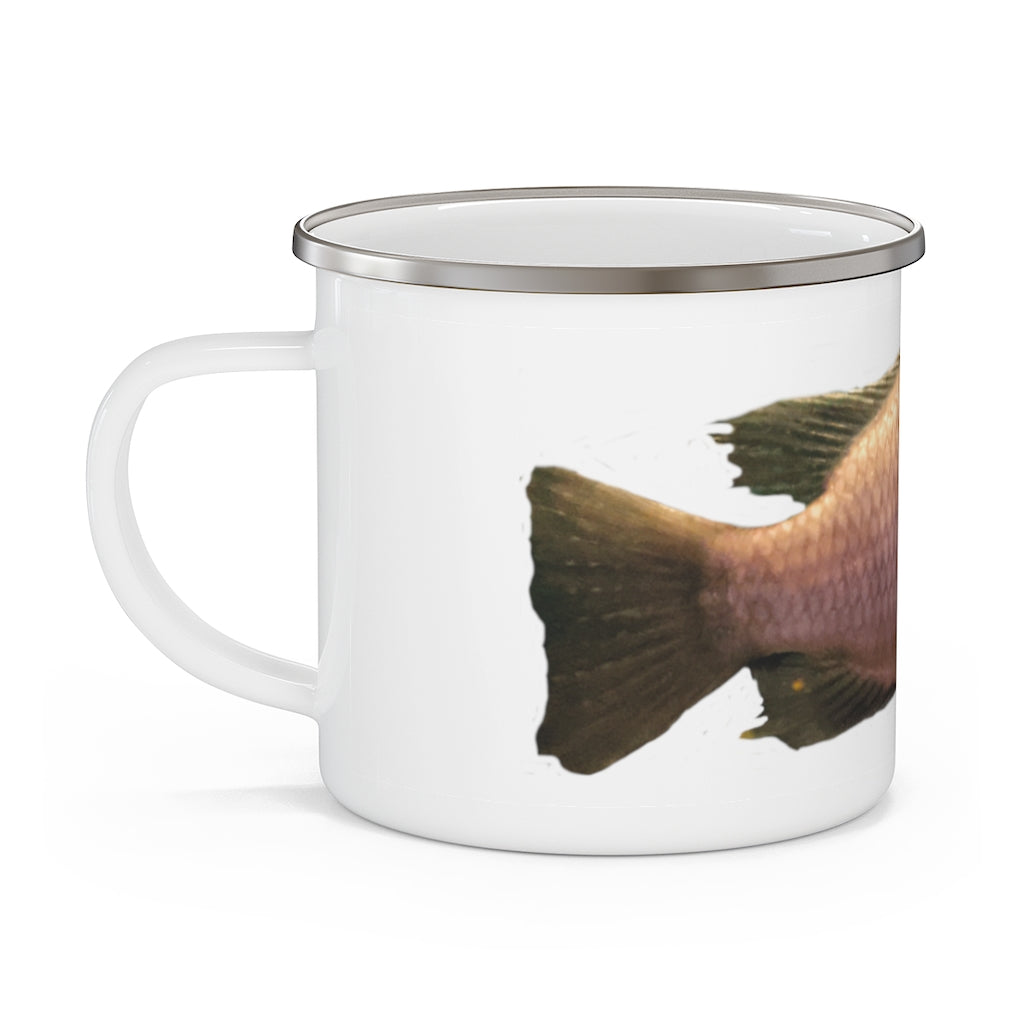 Peach Fish Enamel Camping Mug with a stylish design, featuring a C-handle and rounded corners, perfect for outdoor adventures.