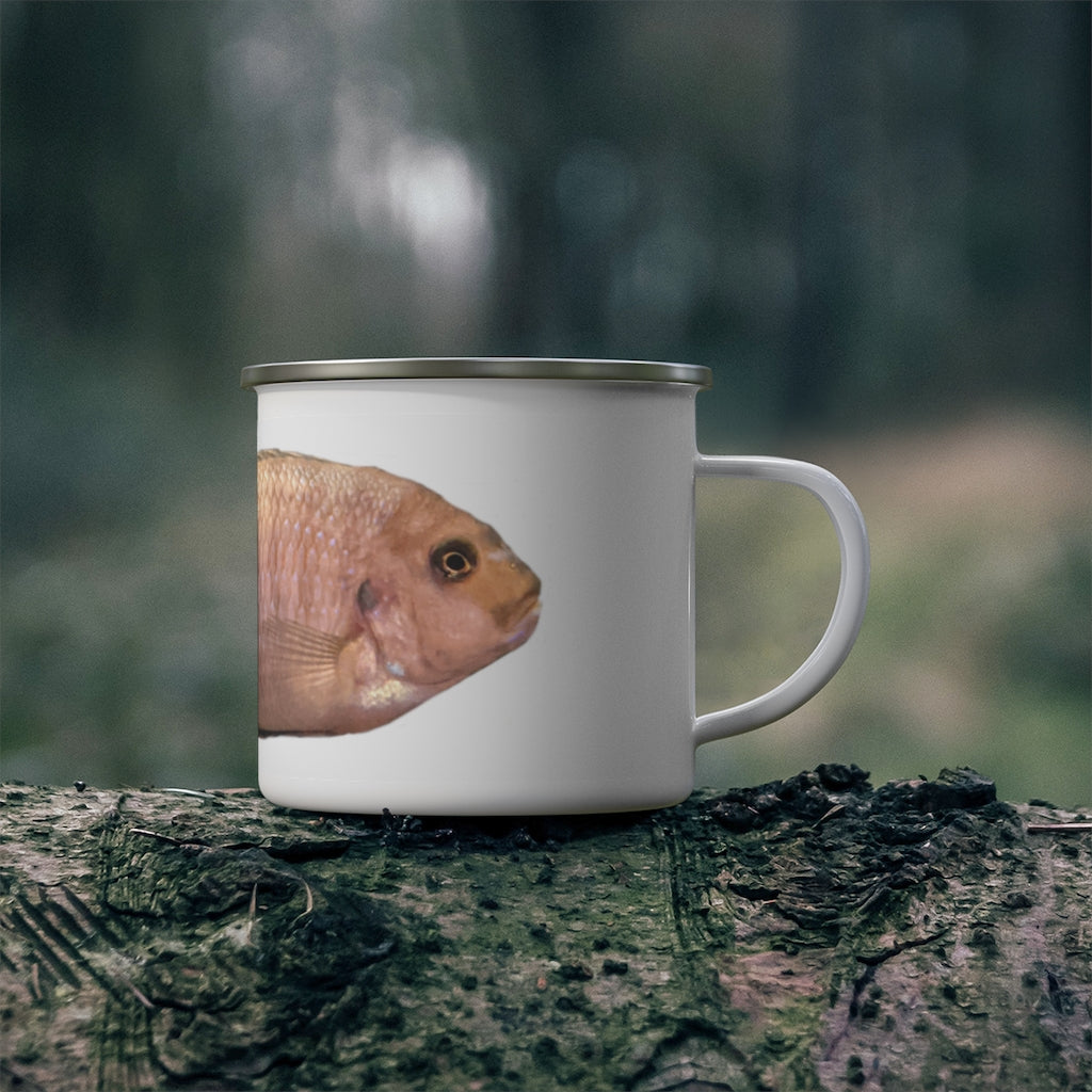 Peach Fish Enamel Camping Mug with a stylish design, featuring a C-handle and rounded corners, perfect for outdoor adventures.