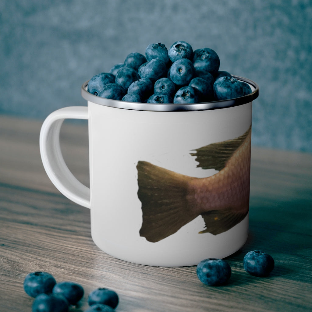 Peach Fish Enamel Camping Mug with a stylish design, featuring a C-handle and rounded corners, perfect for outdoor adventures.