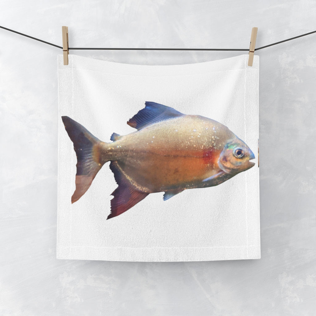 Peach Fish Face Towel featuring a vibrant polyester front and soft cotton back, ideal for customization.