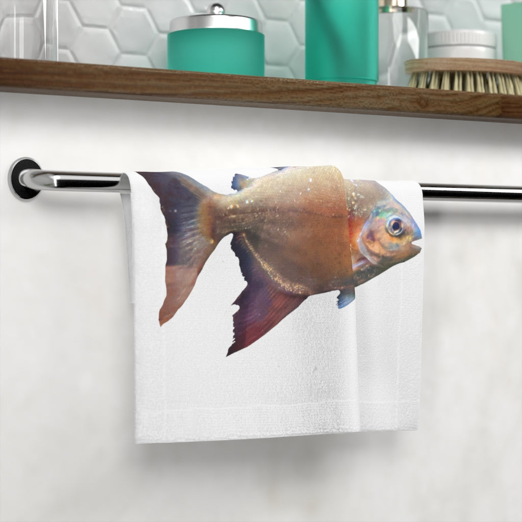 Peach Fish Face Towel featuring a vibrant polyester front and soft cotton back, ideal for customization.