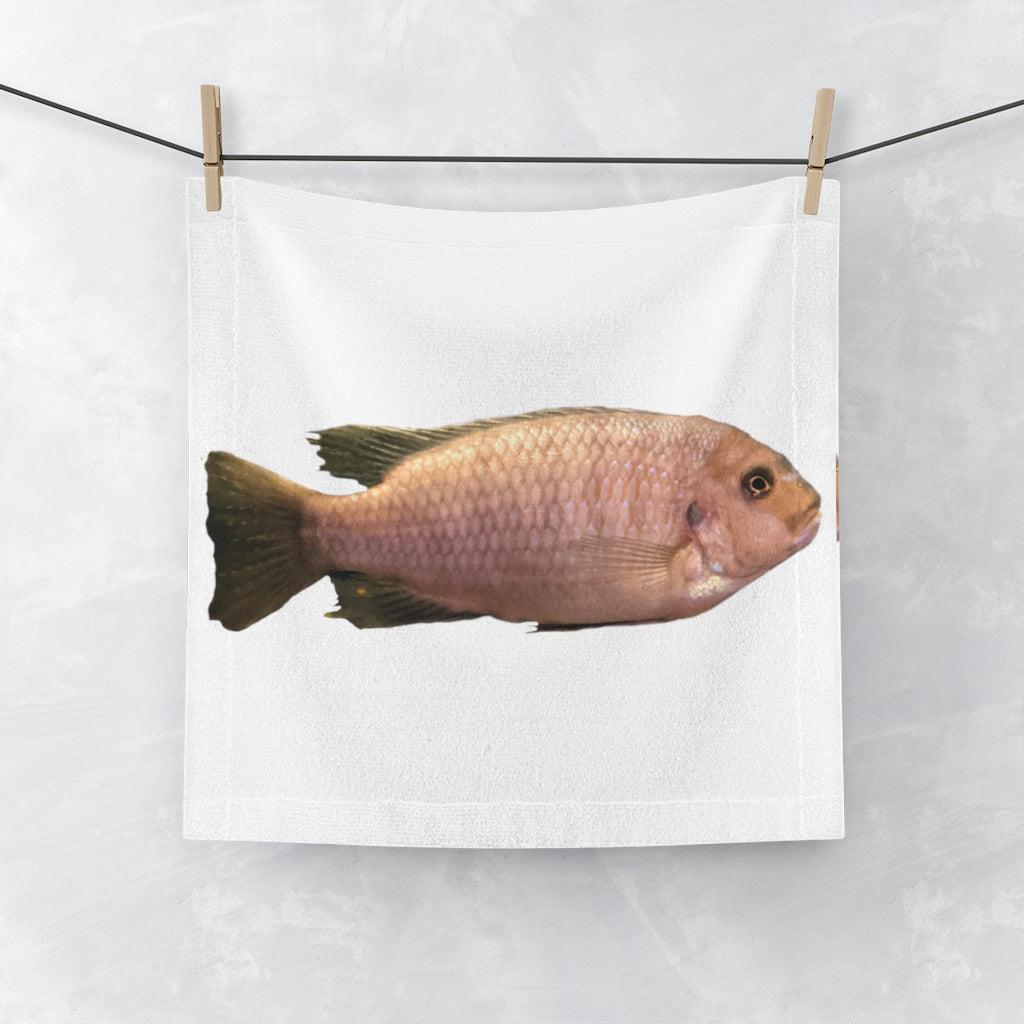 Peach Fish Face Towel featuring a vibrant design on a polyester front and soft cotton back, perfect for customization.