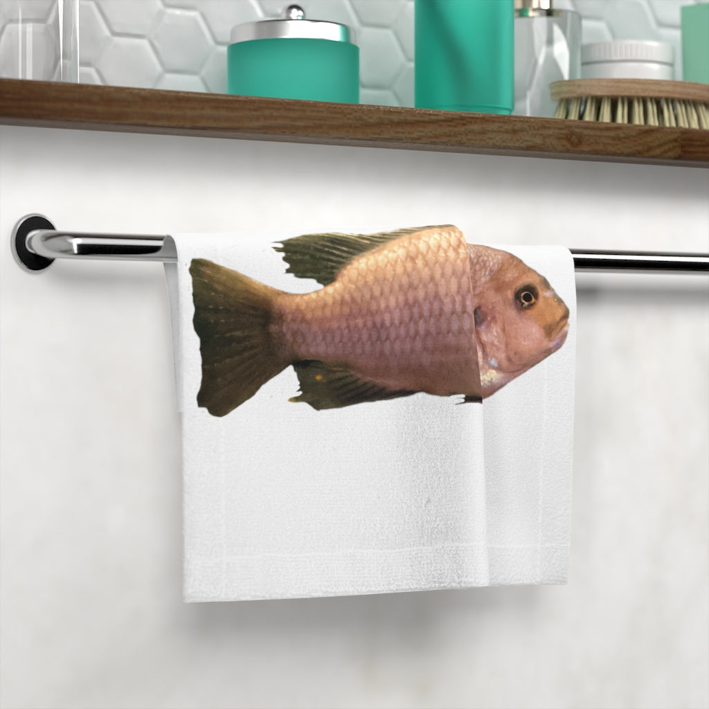 Peach Fish Face Towel featuring a vibrant design on a polyester front and soft cotton back, perfect for customization.