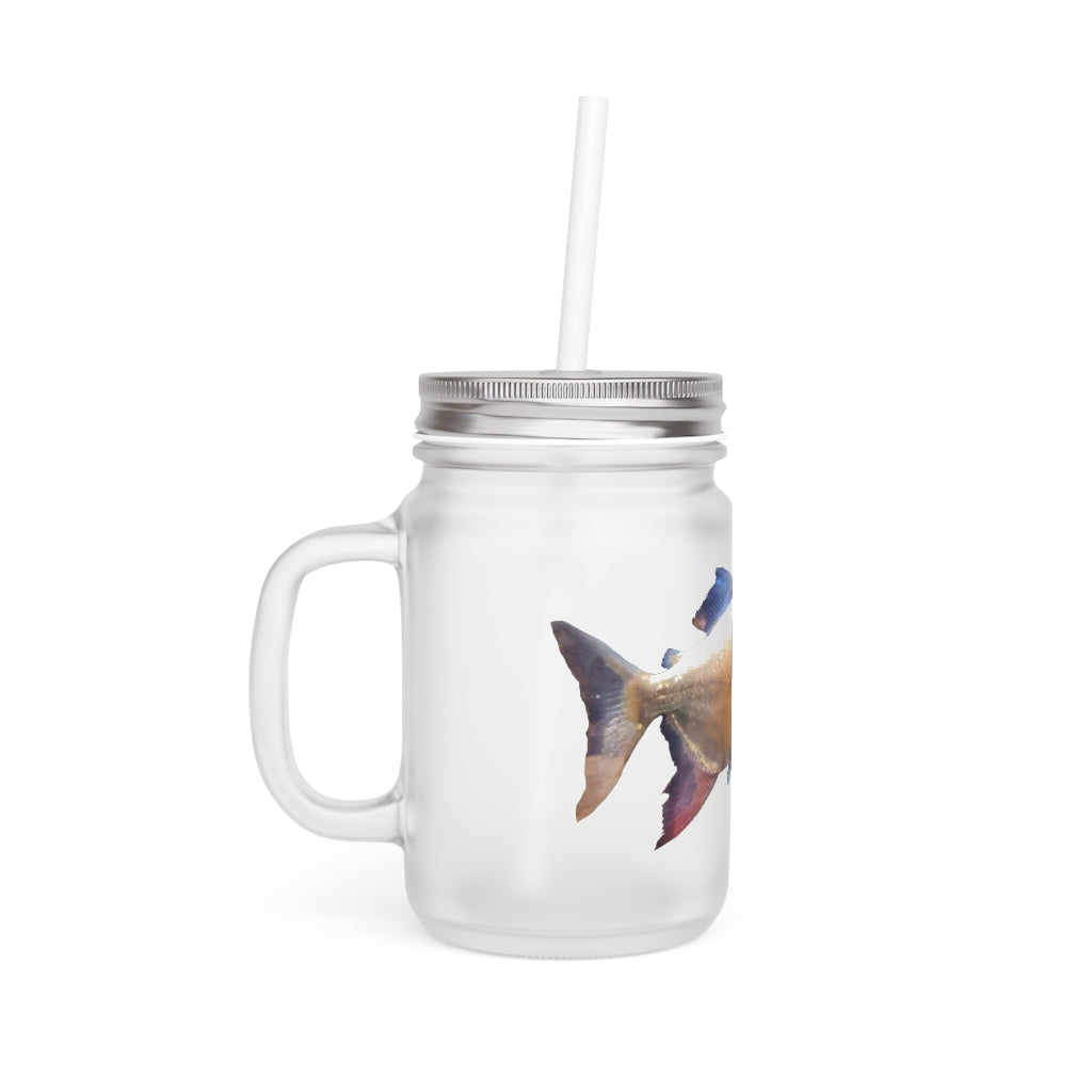 A stylish Peach Fish Mason Jar made of frosted glass, featuring a lid and straw, perfect for personalized drinks.