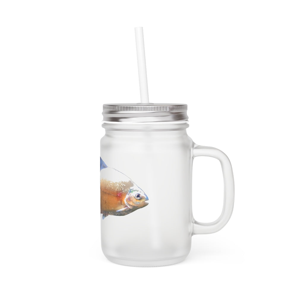 A stylish Peach Fish Mason Jar made of frosted glass, featuring a lid and straw, perfect for personalized drinks.