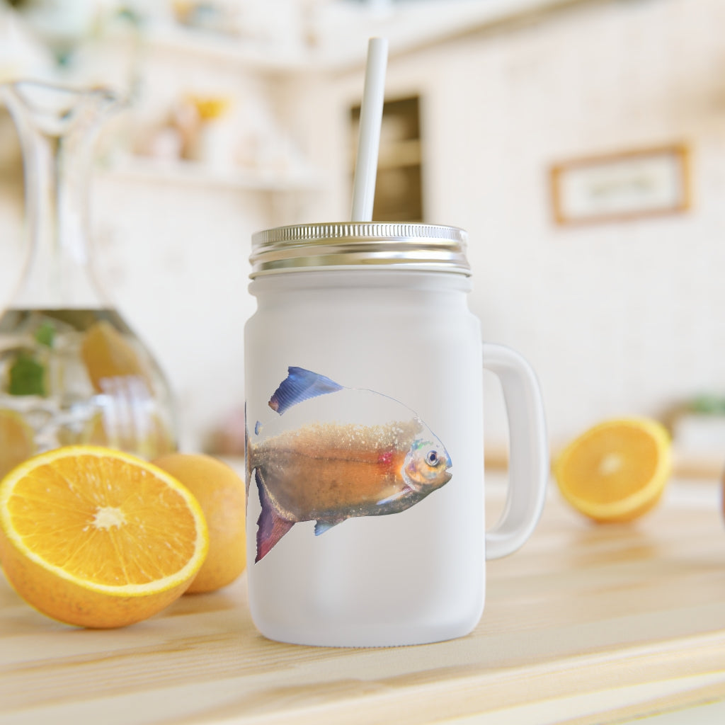 A stylish Peach Fish Mason Jar made of frosted glass, featuring a lid and straw, perfect for personalized drinks.