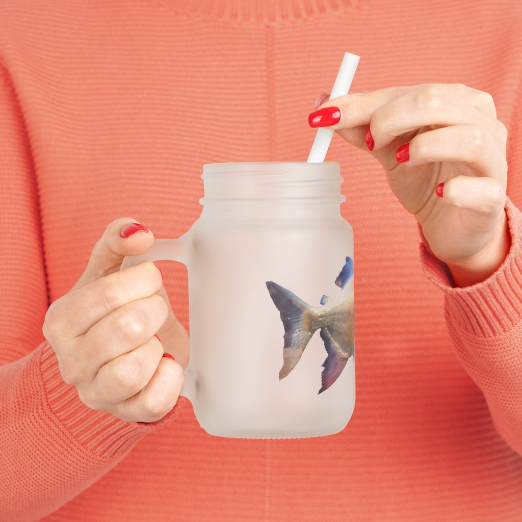 A stylish Peach Fish Mason Jar made of frosted glass, featuring a lid and straw, perfect for personalized drinks.