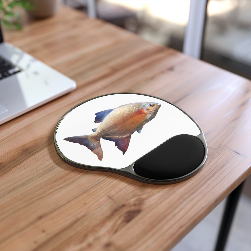 Peach Fish Mouse Pad featuring a Memory Foam wrist rest, foot-shaped design, and customizable neoprene insert.