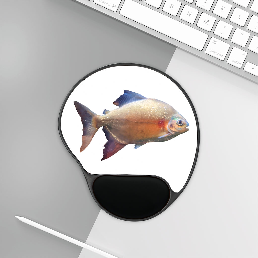 Peach Fish Mouse Pad featuring a Memory Foam wrist rest, foot-shaped design, and customizable neoprene insert.