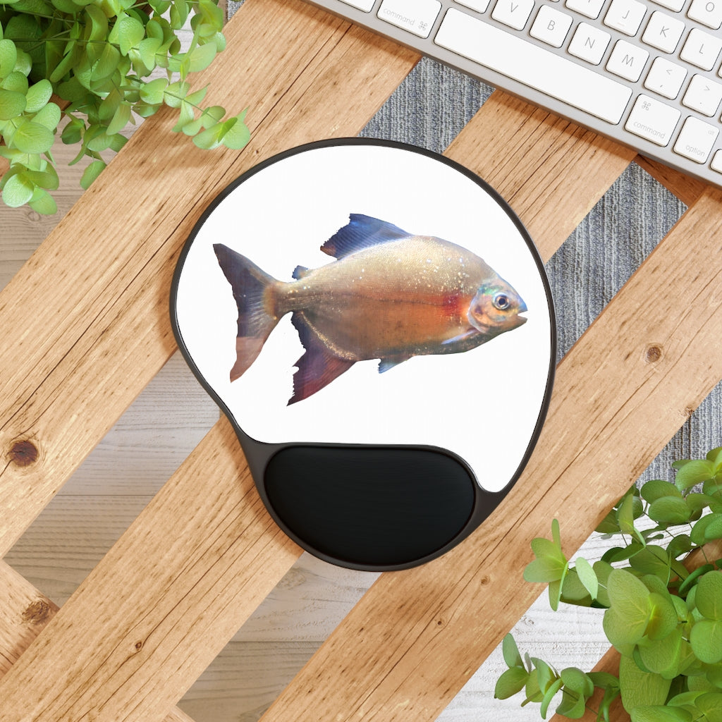 Peach Fish Mouse Pad featuring a Memory Foam wrist rest, foot-shaped design, and customizable neoprene insert.