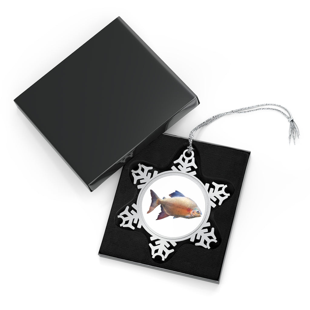 Peach Fish Pewter Snowflake Ornament with silver-toned hanging string, showcasing intricate snowflake design.