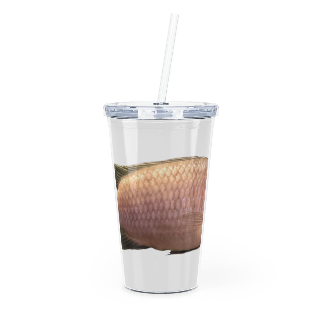 A vibrant Peach Fish Plastic Tumbler with Straw, showcasing its colorful design and double wall insulation.