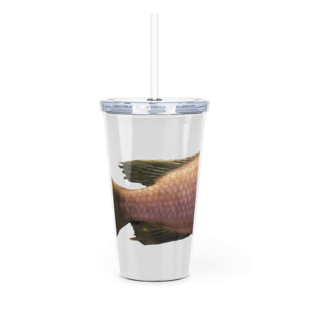 A vibrant Peach Fish Plastic Tumbler with Straw, showcasing its colorful design and double wall insulation.