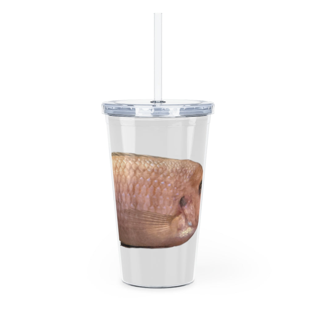 A vibrant Peach Fish Plastic Tumbler with Straw, showcasing its colorful design and double wall insulation.